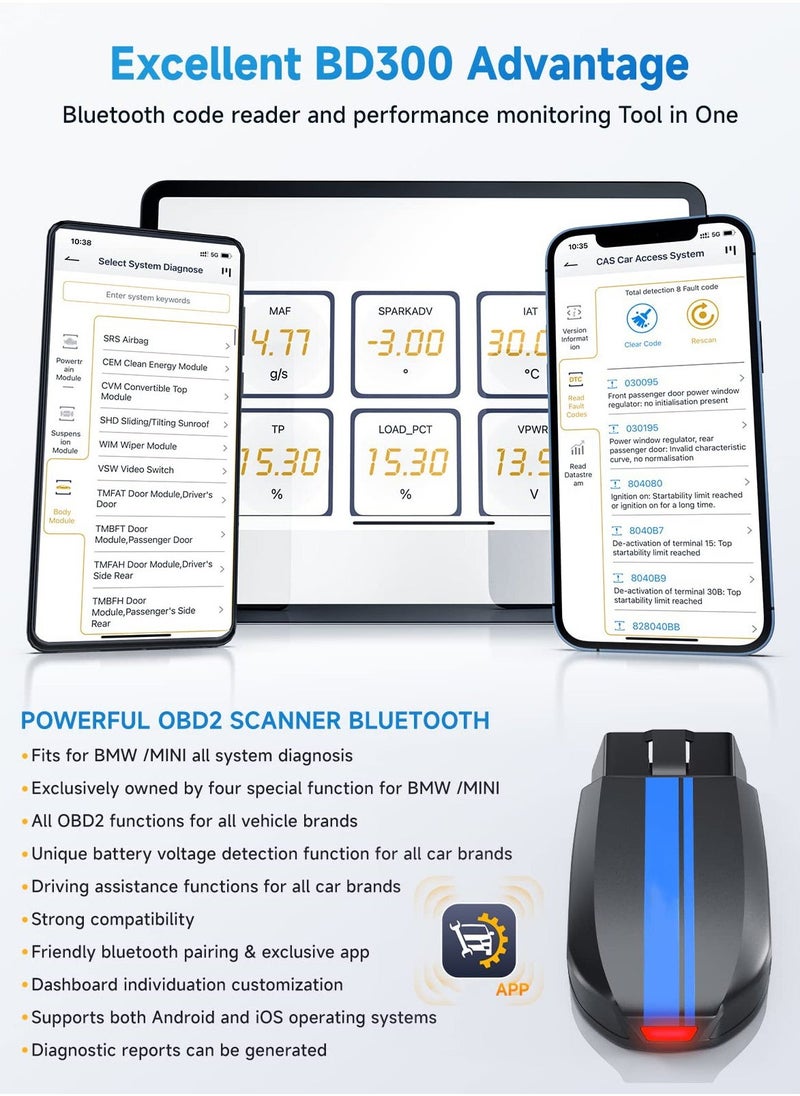 Generic - OBD2 Scanner Bluetooth for BMW Full System Code Reader Scan Tool with Battery Registration Tool Service EPB CBS ETC ABS Airbag Powerful Diagnostic Tool for All Cars for iPhone iPad and Android - Image 1