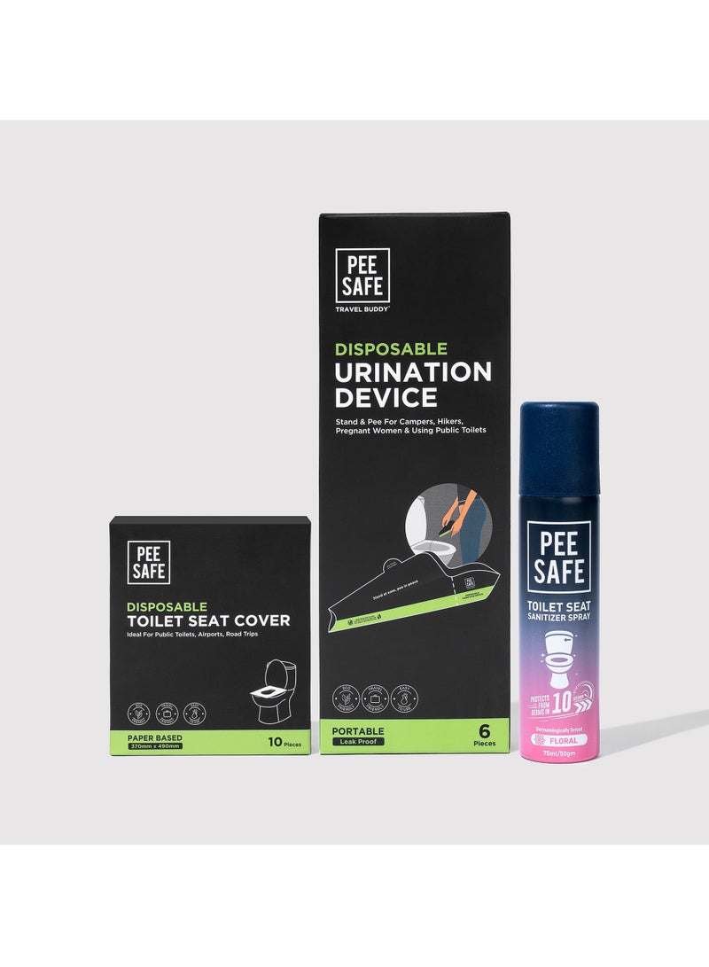 PeeSafe Travel Toilet Hygiene Combo For Women & Family | Toilet Seat Sanitizer Floral (75 ml) With Disposable Female Urination Device (6 Funnels) & Disposable Toilet Seat Cover (10 N) | Travel Friendly Pack - Image 1