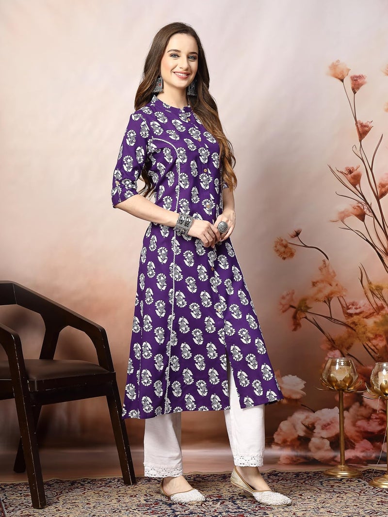 Stylum Women's Violet Floral Printed Rayon A-Line Kurta (Large) - Image 3
