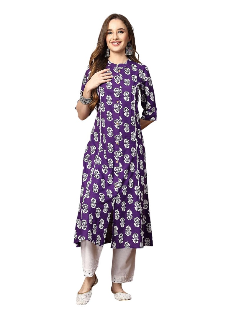 Stylum Women's Violet Floral Printed Rayon A-Line Kurta (Large) - Image 1