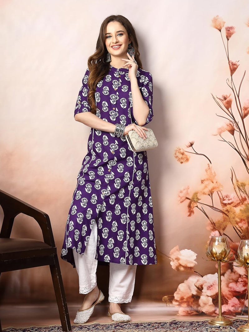 Stylum Women's Violet Floral Printed Rayon A-Line Kurta (Large) - Image 5