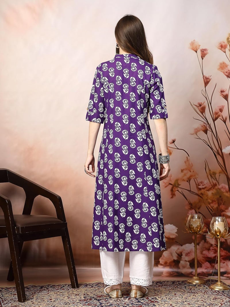 Stylum Women's Violet Floral Printed Rayon A-Line Kurta (Large) - Image 2
