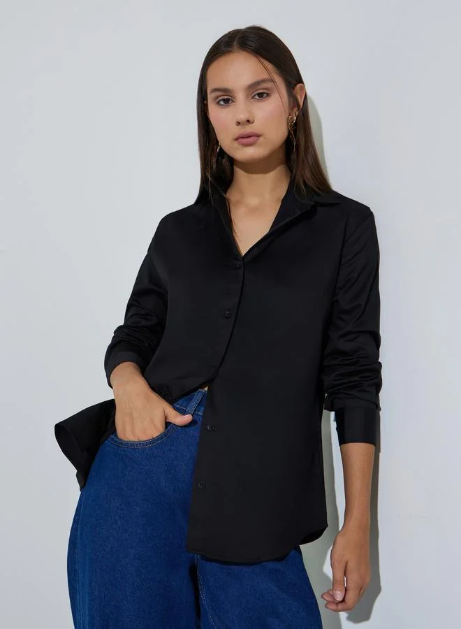 Styli Black Solid Longlined Long Sleeves Oversized Shirt