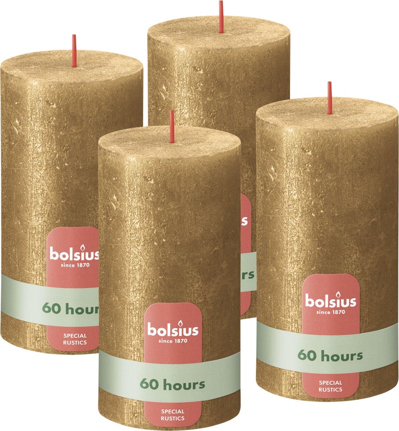 Bolsius Rustic Pillar Candle  Shimmer Gold  Pack of 4  Long Burning Time of 60 Hours  Interior Decoration  Unscented  Includes Natural Vegan Wax  No Palm Oil  13 x 7 cm