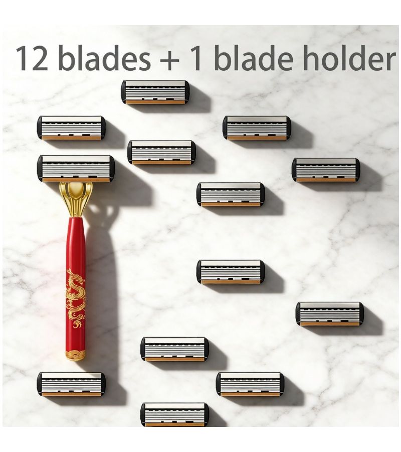 12 Blades 1 Handle Mens Manual Shaving Kit Replaceable Heads Anti Slip Stainless Steel Travel Trimmer - Image 1