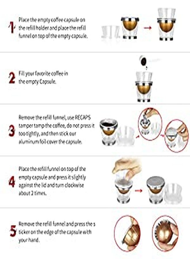 ريكابس مجموعة أدوات تعبئة وحامل ومكبس RECAPS متوافقة مع كبسولات قهوة Vertuoline، قابلة لإعادة التعبئة، فلتر قهوة قابل لإعادة الاستخدام (مكبس واحد وحامل واحد و30 غطاءً). - Image 2