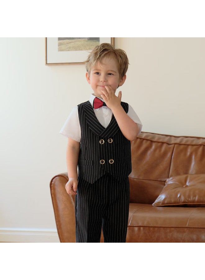 Luobobeibei Children's Formal Wear, Spring And Summer Style, Boys' British Striped Vest Performance Costume Set, Black Four-piece Set, Size 150 - Image 5