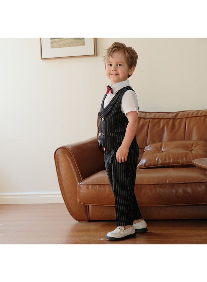 Luobobeibei Children's Formal Wear, Spring And Summer Style, Boys' British Striped Vest Performance Costume Set, Black Four-piece Set, Size 150 - Image 3