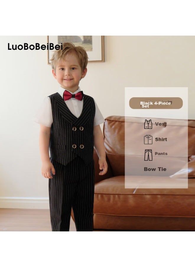 Luobobeibei Children's Formal Wear, Spring And Summer Style, Boys' British Striped Vest Performance Costume Set, Black Four-piece Set, Size 150 - Image 1