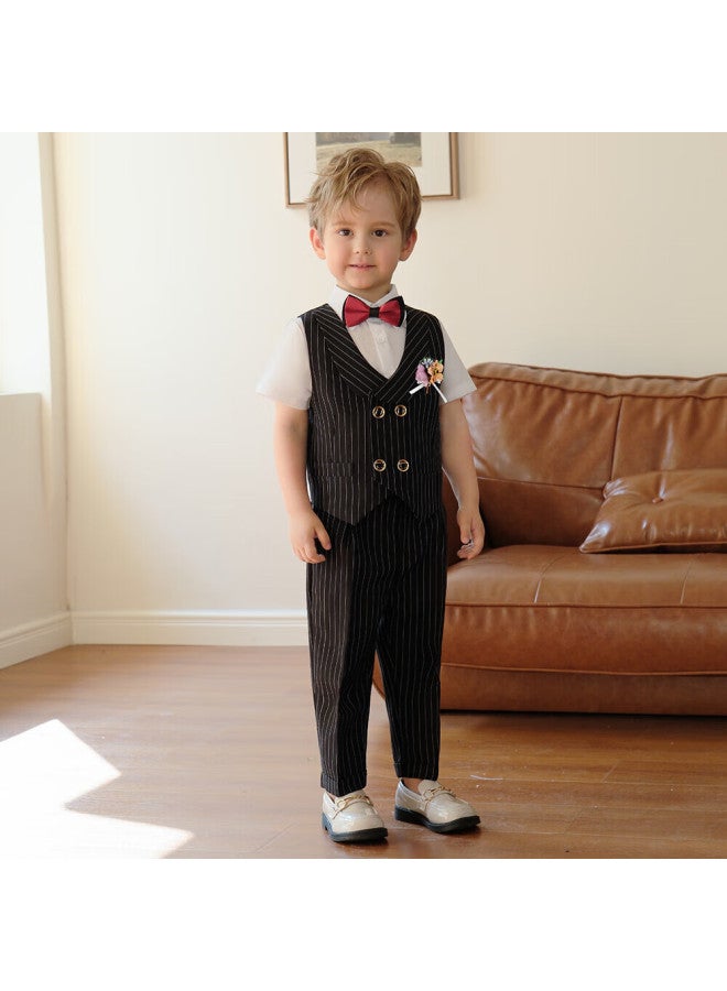 Luobobeibei Children's Formal Wear, Spring And Summer Style, Boys' British Striped Vest Performance Costume Set, Black Four-piece Set, Size 150 - Image 2