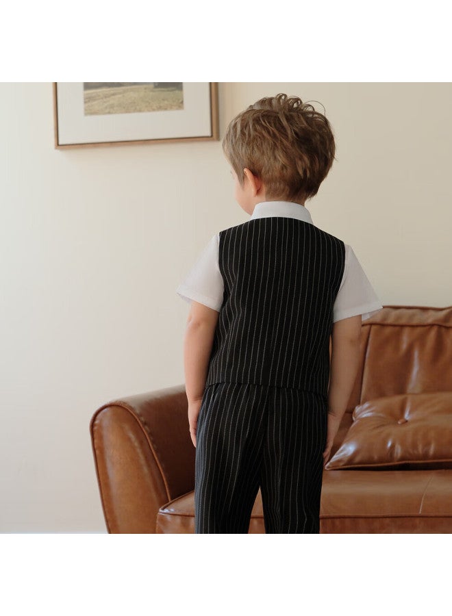 Luobobeibei Children's Formal Wear, Spring And Summer Style, Boys' British Striped Vest Performance Costume Set, Black Four-piece Set, Size 150 - Image 4