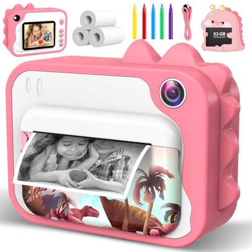 Usteetic Kids Camera Instant Print Dinosaur Instant Print Camera for Kids with 1080P Video 32GB SD Card 240 Photos Christmas Birthday Gifts for Boys Girls Ages 312 Pink - Image 1