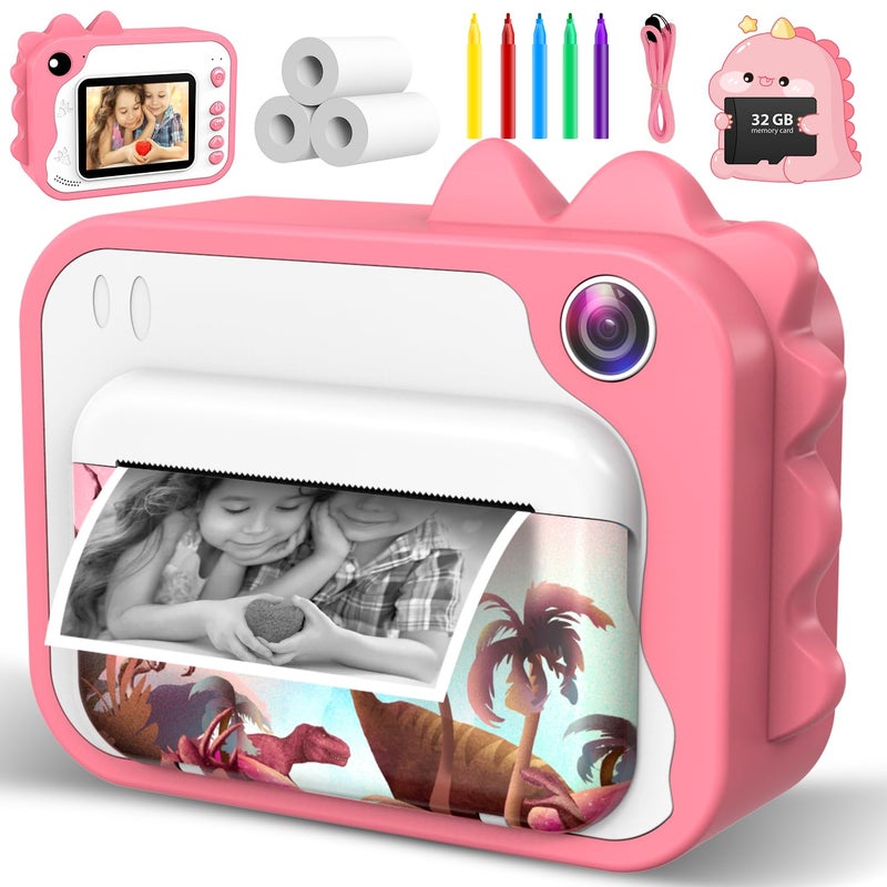 Usteetic Kids Camera Instant Print Dinosaur Instant Print Camera for Kids with 1080P Video 32GB SD Card 240 Photos Christmas Birthday Gifts for Boys Girls Ages 312 Pink - Image 2
