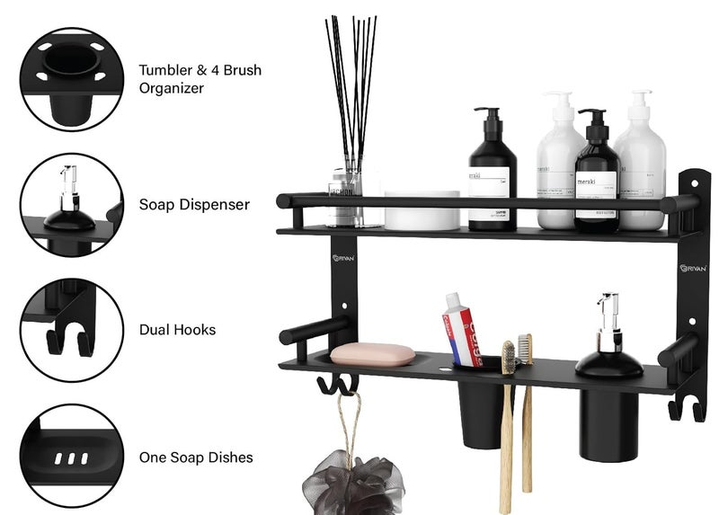 GRIVAN 6 in1 Premium Stainless Steel Black Shelf Racks Stand Holder Shelves with Soap Toothbrush Tumbler Holder and Liquid Soap Dispenser for Bathroom Accessories and Fittings Matt Finish - Image 3