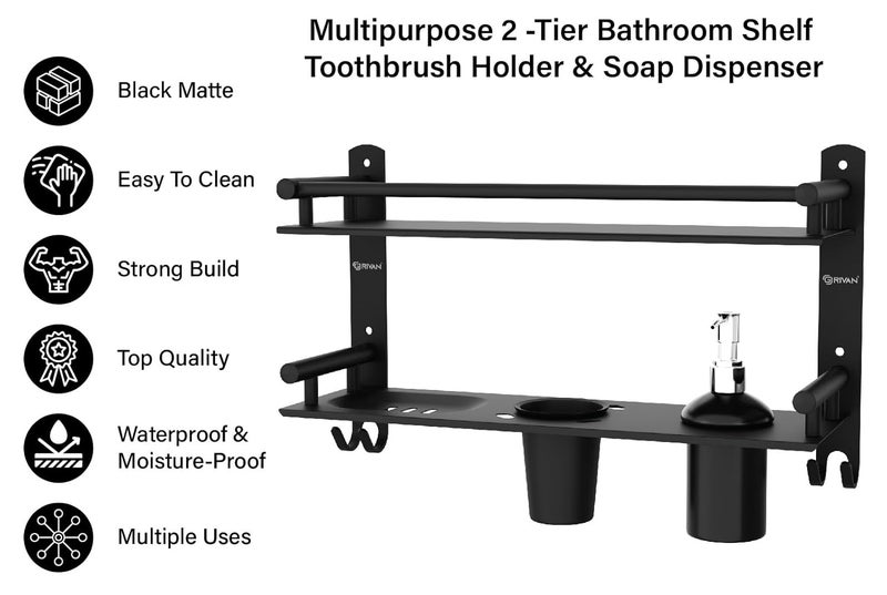 GRIVAN 6 in1 Premium Stainless Steel Black Shelf Racks Stand Holder Shelves with Soap Toothbrush Tumbler Holder and Liquid Soap Dispenser for Bathroom Accessories and Fittings Matt Finish - Image 5