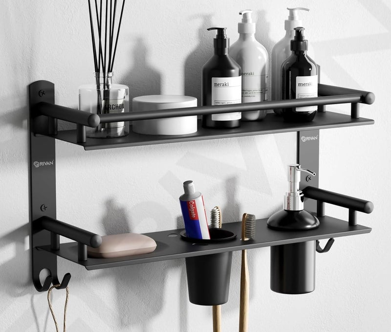 GRIVAN 6 in1 Premium Stainless Steel Black Shelf Racks Stand Holder Shelves with Soap Toothbrush Tumbler Holder and Liquid Soap Dispenser for Bathroom Accessories and Fittings Matt Finish - Image 1