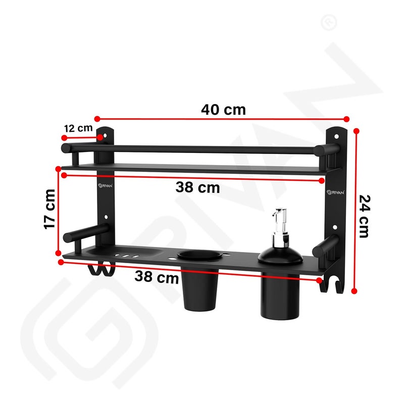 GRIVAN 6 in1 Premium Stainless Steel Black Shelf Racks Stand Holder Shelves with Soap Toothbrush Tumbler Holder and Liquid Soap Dispenser for Bathroom Accessories and Fittings Matt Finish - Image 2