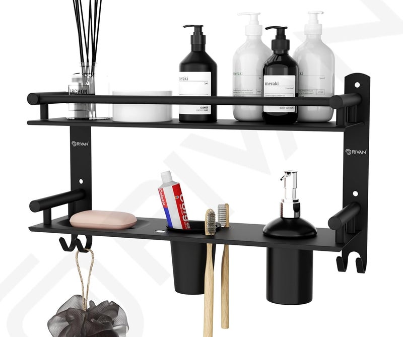 GRIVAN 6 in1 Premium Stainless Steel Black Shelf Racks Stand Holder Shelves with Soap Toothbrush Tumbler Holder and Liquid Soap Dispenser for Bathroom Accessories and Fittings Matt Finish - Image 4