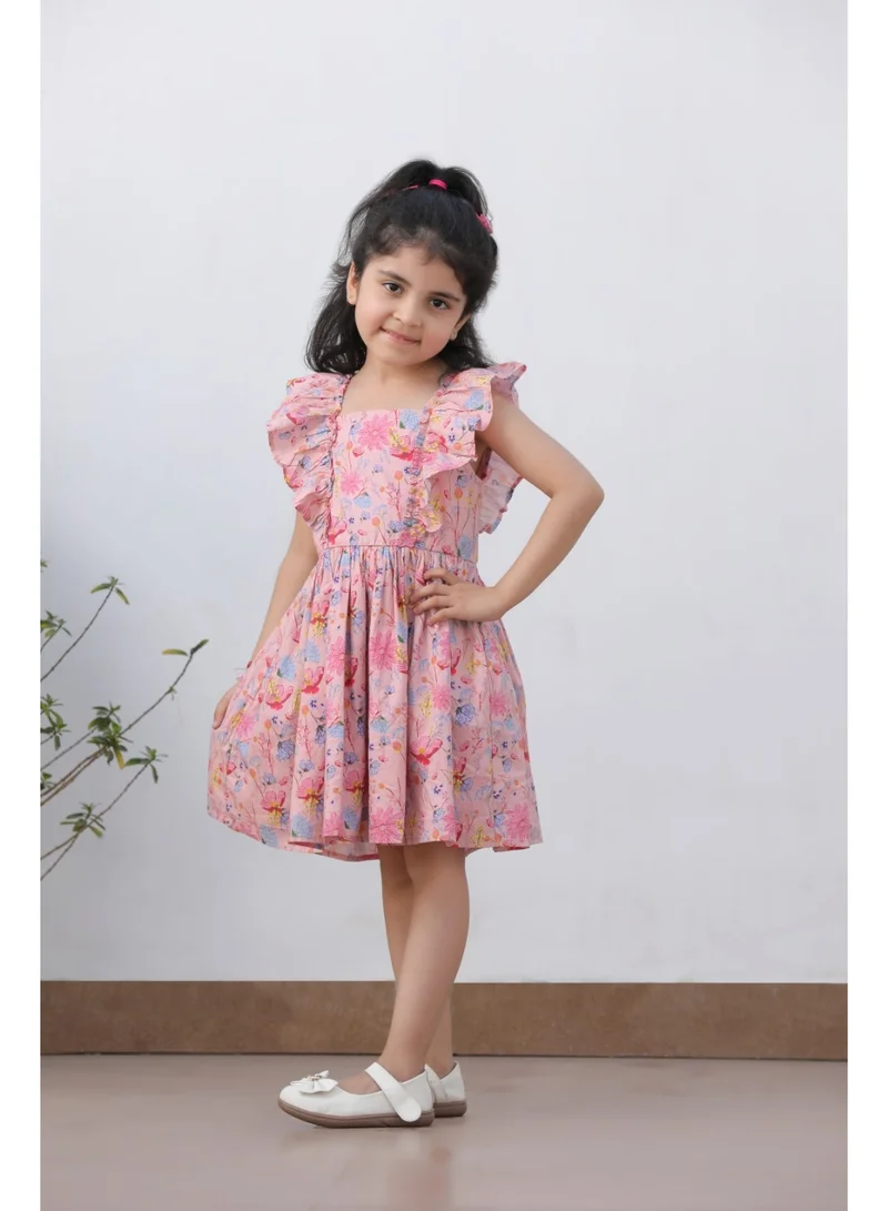 Luxe & Hardy فستان رومي للبنات، مطبوع عليه زهور، بأكمام واسعة، مصنوع من القطن، بقصة ضيقة من الأعلى وواسعة من الأسفل.