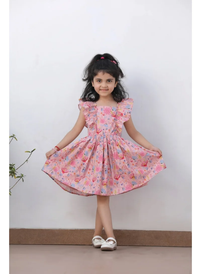 Luxe & Hardy Girls Romi Floral Printed Flutter Sleeve Cotton Fit & Flare Dress