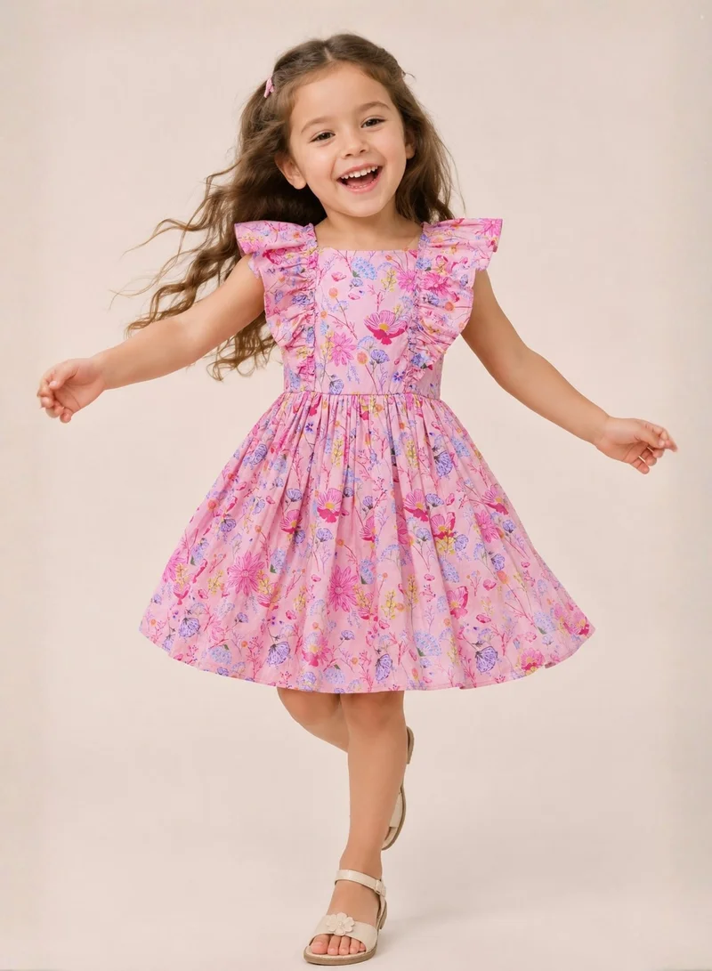 Luxe & Hardy Girls Romi Floral Printed Flutter Sleeve Cotton Fit & Flare Dress