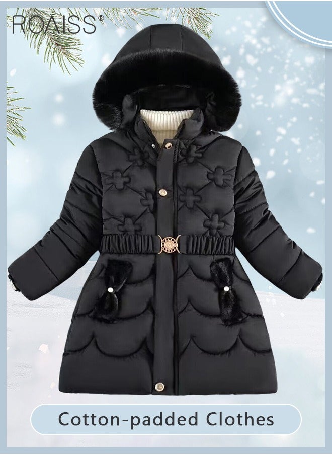 roaiss - Children's Soft and Skin-Friendly Mid-Length Winter Coat with Fleece and Fur Collar—Solid Color Down Jacket with Simple Design and Zip Featuring Cartoon Pattern - Image 1