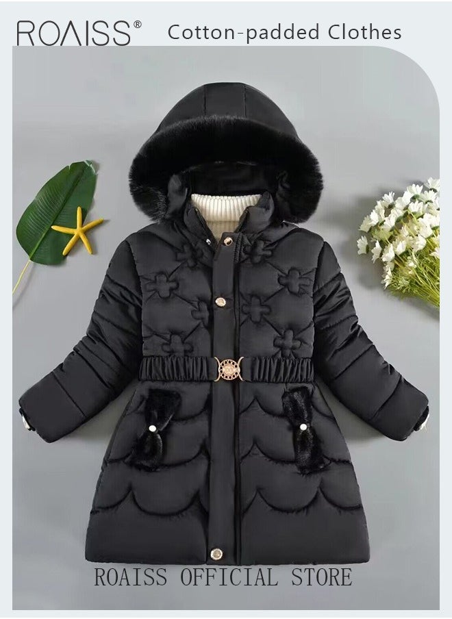 roaiss - Children's Soft and Skin-Friendly Mid-Length Winter Coat with Fleece and Fur Collar—Solid Color Down Jacket with Simple Design and Zip Featuring Cartoon Pattern - Image 1