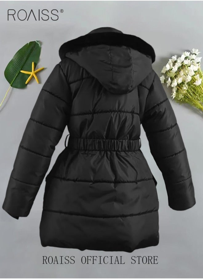 roaiss - Children's Soft and Skin-Friendly Mid-Length Winter Coat with Fleece and Fur Collar—Solid Color Down Jacket with Simple Design and Zip Featuring Cartoon Pattern - Image 1