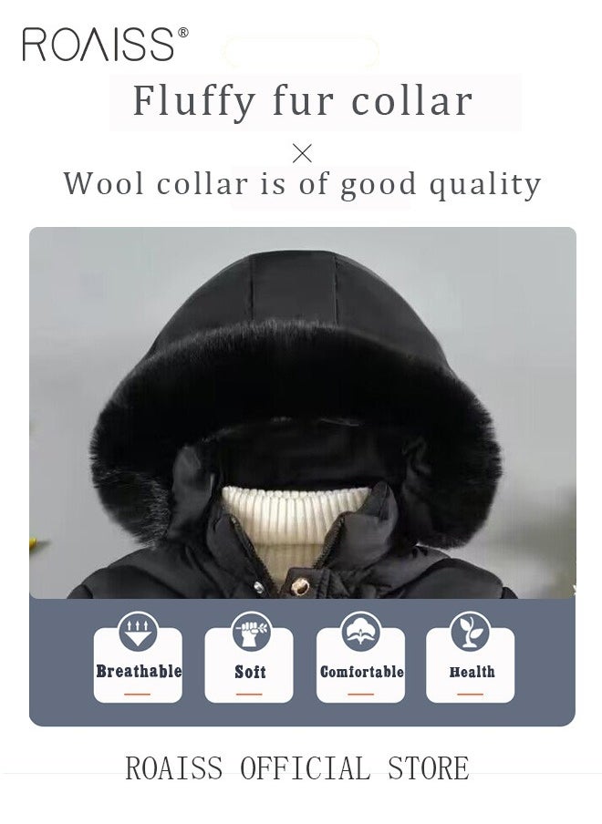roaiss - Children's Soft and Skin-Friendly Mid-Length Winter Coat with Fleece and Fur Collar—Solid Color Down Jacket with Simple Design and Zip Featuring Cartoon Pattern - Image 1