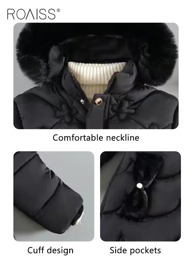 roaiss - Children's Soft and Skin-Friendly Mid-Length Winter Coat with Fleece and Fur Collar—Solid Color Down Jacket with Simple Design and Zip Featuring Cartoon Pattern - Image 1
