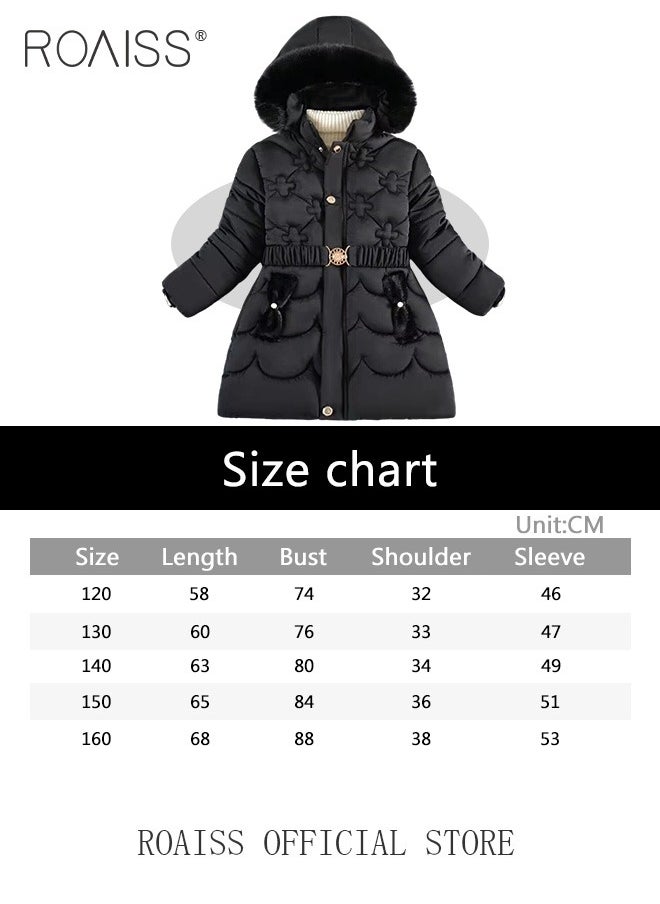 roaiss - Children's Soft and Skin-Friendly Mid-Length Winter Coat with Fleece and Fur Collar—Solid Color Down Jacket with Simple Design and Zip Featuring Cartoon Pattern - Image 1