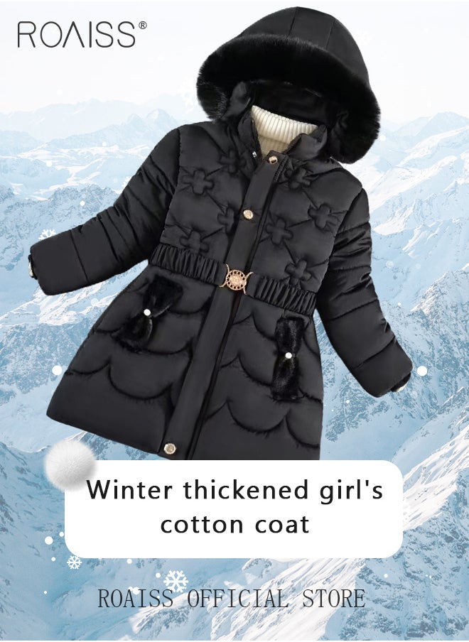 roaiss - Children's Soft and Skin-Friendly Mid-Length Winter Coat with Fleece and Fur Collar—Solid Color Down Jacket with Simple Design and Zip Featuring Cartoon Pattern - Image 1
