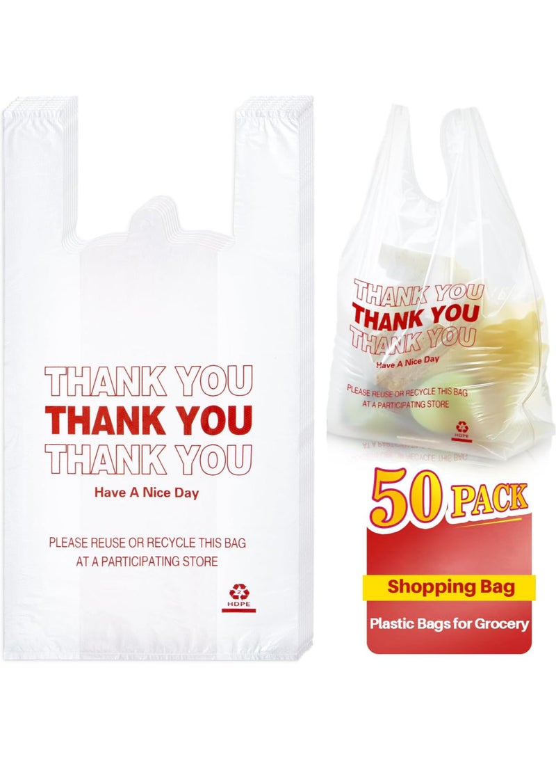 Plastic Bags, 50 Count Thank You Bags, Plastic Bags With Handles For Shopping, Grocery, Plastic Bags For Small Business , Recyclable T Shirt Bags, White Plastic Bag,28x15x53cm - Image 1