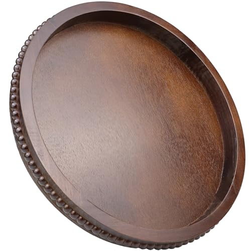 Hrastany Wood Decorative Serving Tray with Bead, Round Vintage Wooden Ottoman Tray for Home Centerpiece, Counter Organizer, 13” Circle Tray for Kitchen, Living Room (Dark Brown) - Image 1