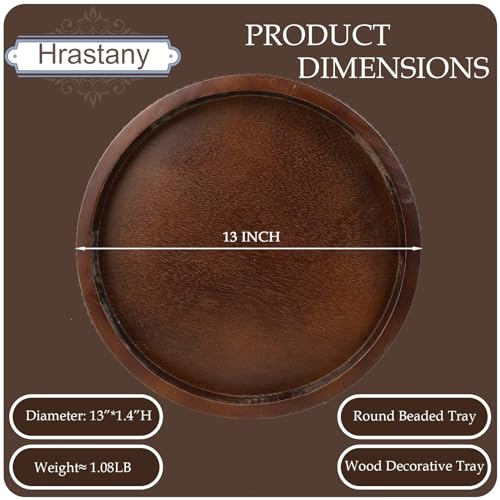 Hrastany Wood Decorative Serving Tray with Bead, Round Vintage Wooden Ottoman Tray for Home Centerpiece, Counter Organizer, 13” Circle Tray for Kitchen, Living Room (Dark Brown) - Image 3