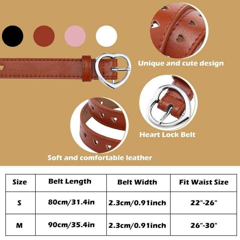 Newcotte 4 Pcs Girls Belt Size 6-12 Kids PU Leather Waist Belt Hollow Heart Design Metal Buckle for Girl Dress Pants Jeans (Black, White, Khaki, Pink,Suit for Waist Size 22"-26") - Image 2