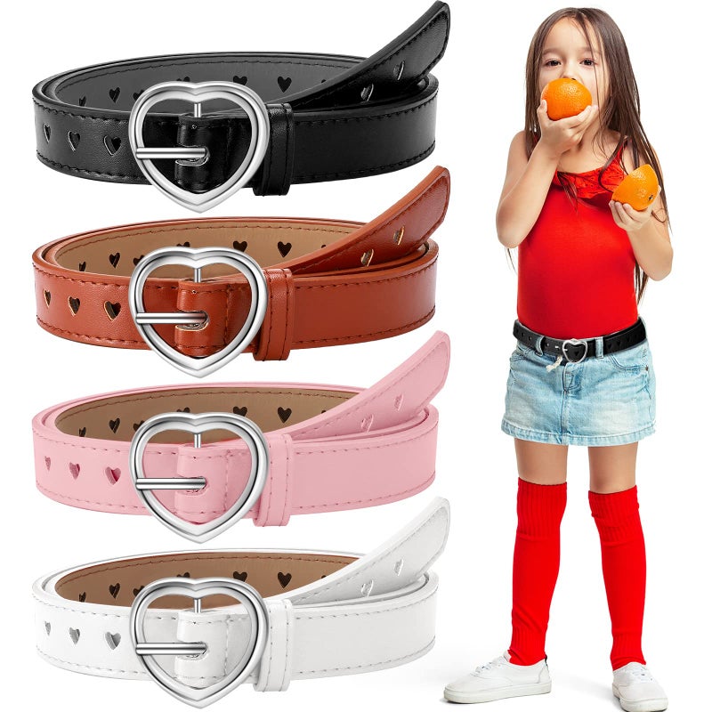 Newcotte 4 Pcs Girls Belt Size 6-12 Kids PU Leather Waist Belt Hollow Heart Design Metal Buckle for Girl Dress Pants Jeans (Black, White, Khaki, Pink,Suit for Waist Size 22"-26") - Image 1