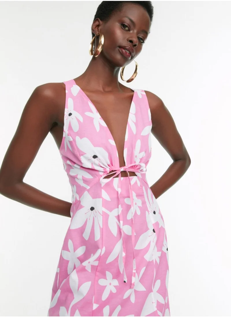 trendyol Tie Detail Floral Print Dress