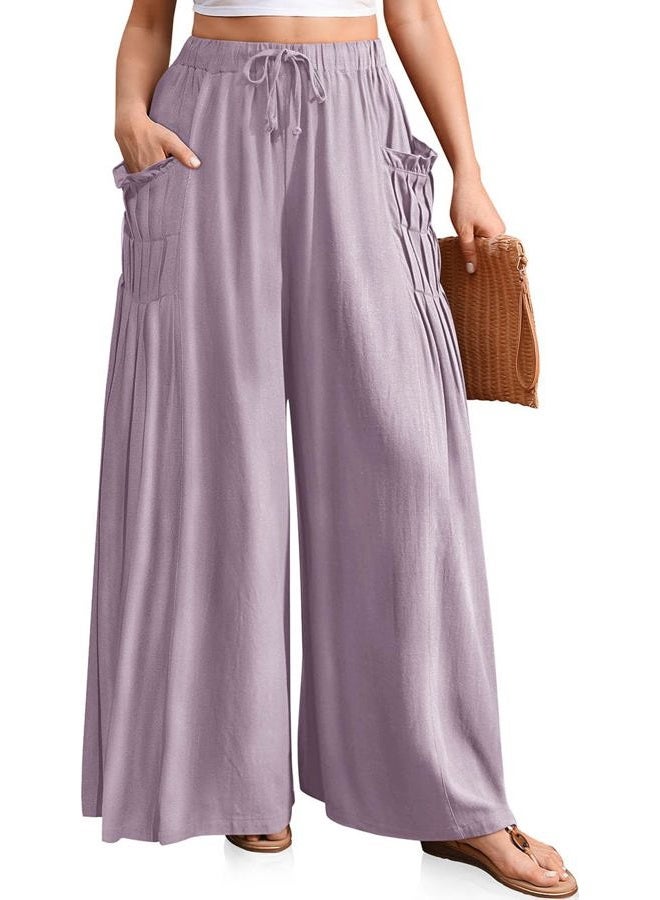 TARSE Women Linen Palazzo Pants Summer Wide Leg Boho Drawstring Casual Lounge Pant Beach Travel Vacation Outfits, Purple Blue, XXL - Image 1