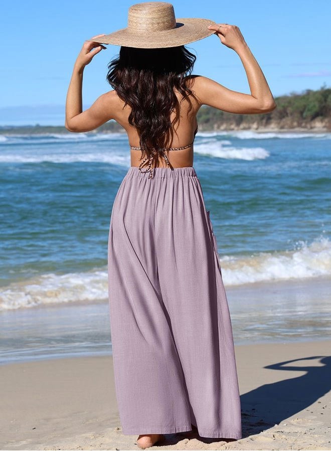 TARSE Women Linen Palazzo Pants Summer Wide Leg Boho Drawstring Casual Lounge Pant Beach Travel Vacation Outfits, Purple Blue, XXL - Image 4