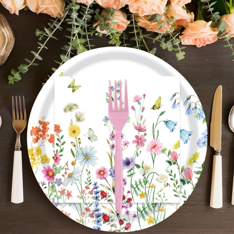 KFJBPB 72 Pcs Wildflower Paper Plates and Napkins Party Supplies, Floral Party Plates and Napkins Tableware Set for Spring Summer Picnic Wedding Birthday Baby Shower Tea Party Decorations Serves 24 - Image 5