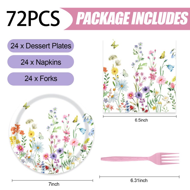 KFJBPB 72 Pcs Wildflower Paper Plates and Napkins Party Supplies, Floral Party Plates and Napkins Tableware Set for Spring Summer Picnic Wedding Birthday Baby Shower Tea Party Decorations Serves 24 - Image 2