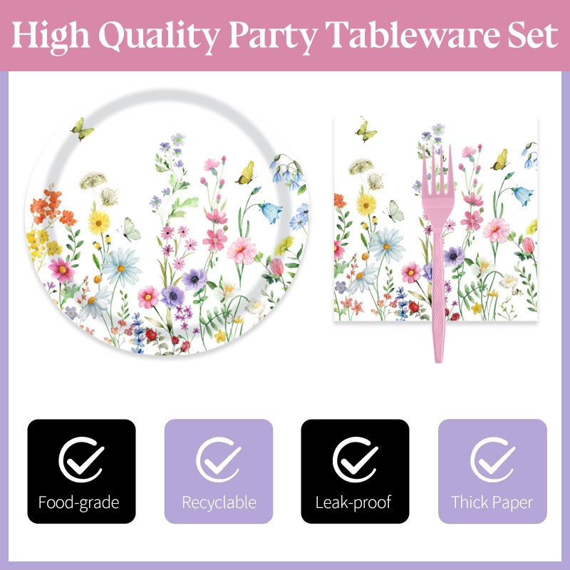 KFJBPB 72 Pcs Wildflower Paper Plates and Napkins Party Supplies, Floral Party Plates and Napkins Tableware Set for Spring Summer Picnic Wedding Birthday Baby Shower Tea Party Decorations Serves 24 - Image 3