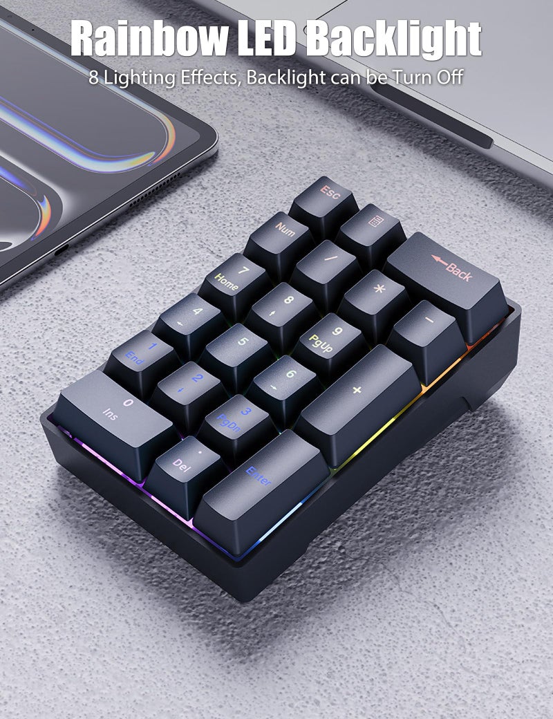 TISHLED Wired Mechanical Numpad Rainbow LED Backlit 20-Key Number Pad Brown Switches Shine Through Keycaps Detachable Cable Numeric Keyboard for PC/Laptop/Win/Mac, White - Image 4