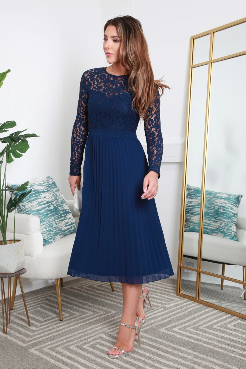Double Second navy blue Long Sleeve Lace Pleated Dress for Women | Best Price UAE