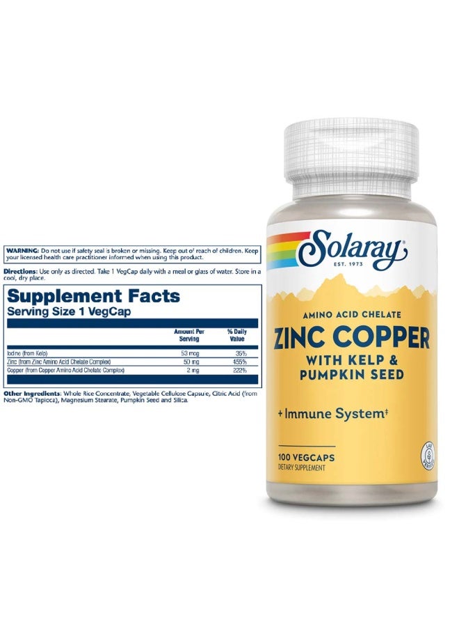 SOLARAY Amino Acid Chelate Zinc Copper Veg Capsules With Kelp & Pumpkin Seed For Healthy Immune System, Pack of 100's - Image 2