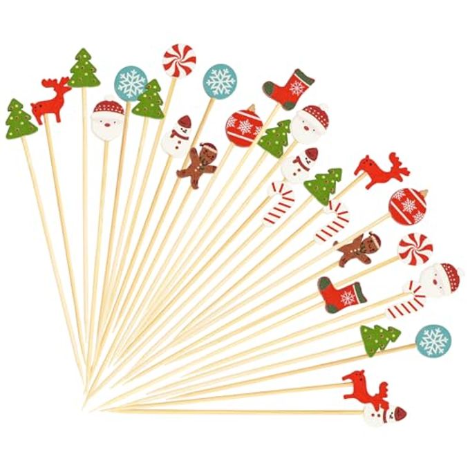 100PCS Christmas Cocktail Picks 4.7 Inch, Fancy Toothpicks for Appetizers Xmas Tree Snowman Santa Decorative Party Toothpicks Food Sandwich Picks Fruit Skewers for Christmas Party Supplies