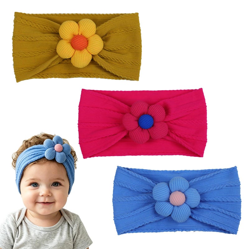3 Pack Baby Girl Flower Headbands, Soft Nylon Newborn Hair Accessories - Image 1