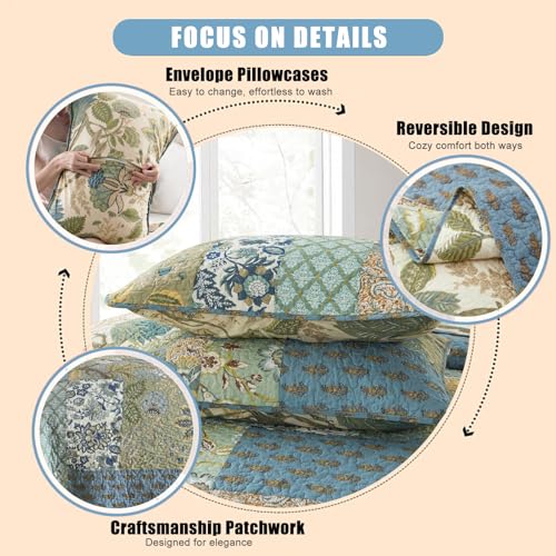 NEWLAKE Quilt Set Twin Size, 100% Cotton Patchwork Green Bohemian Quilt Sets, Reversible Bedspread Lightweight and Breathable for All Seasons, Soft Quilted Bedspread - Image 4