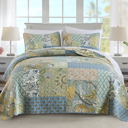 NEWLAKE Quilt Set Twin Size, 100% Cotton Patchwork Green Bohemian Quilt Sets, Reversible Bedspread Lightweight and Breathable for All Seasons, Soft Quilted Bedspread - Image 1